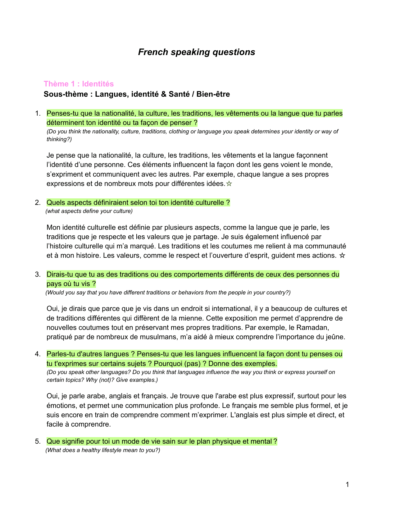 French speaking questions - French B IA exemplar scored 6