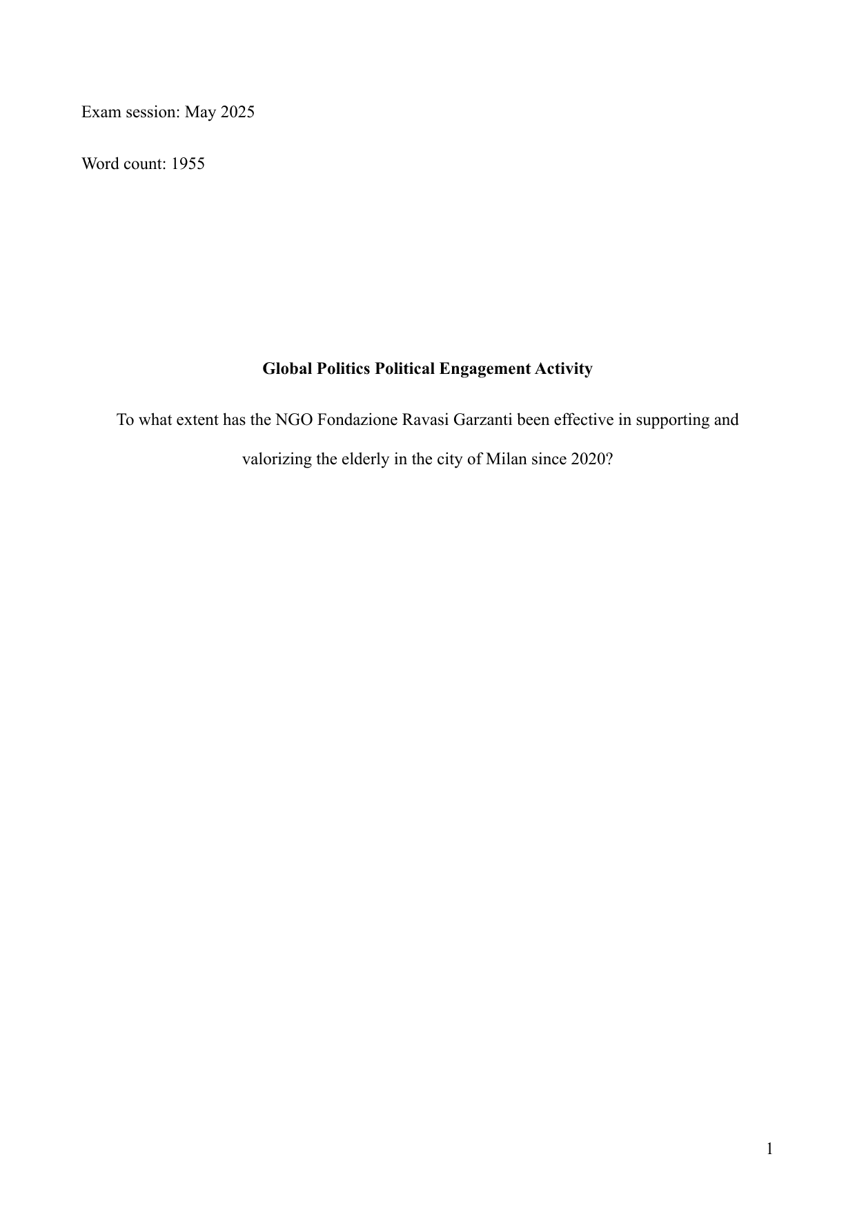 To what extent has the NGO Fondazione Ravasi Garzanti been effective in supporting and valorizing the elderly in the city of Milan since 2020? - Global Politics IA exemplar scored 7