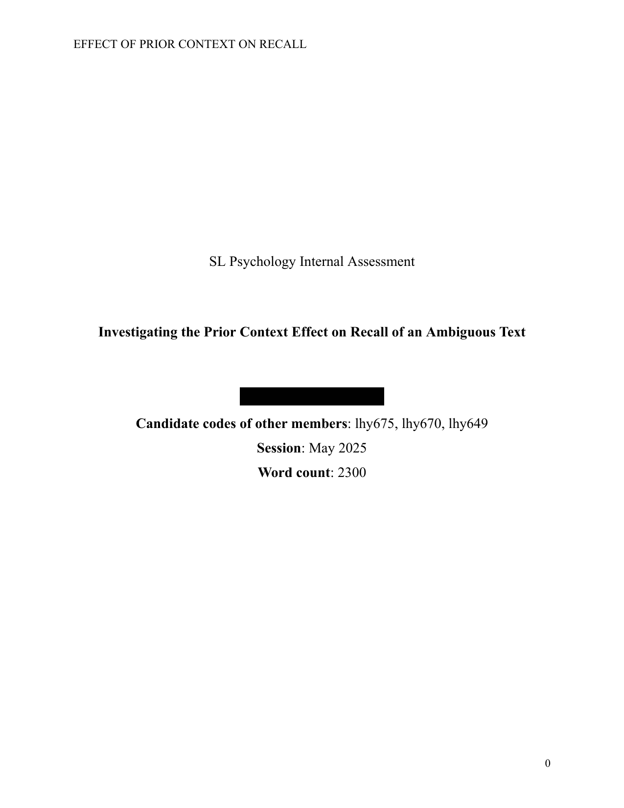 Investigating the Prior Context Effect on Recall of an Ambiguous Text - Psychology IA exemplar scored 6