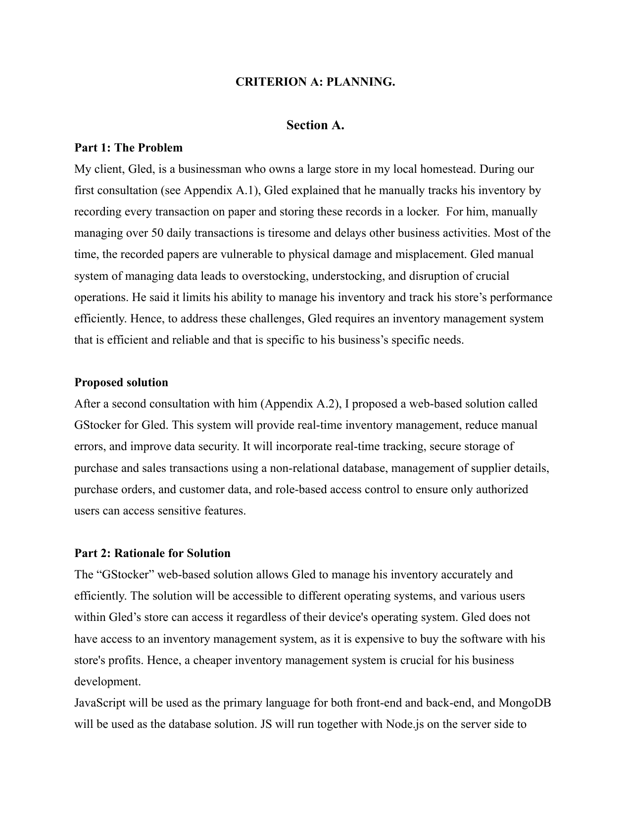 Gstocker Inventory Management System - Computer Science (CS) IA exemplar scored 5
