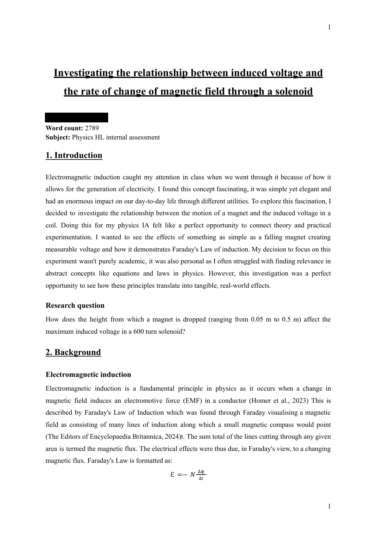 Investigating the relationship between induced voltage and the rate of change of magnetic field through a solenoid. - Physics IA exemplar scored 7