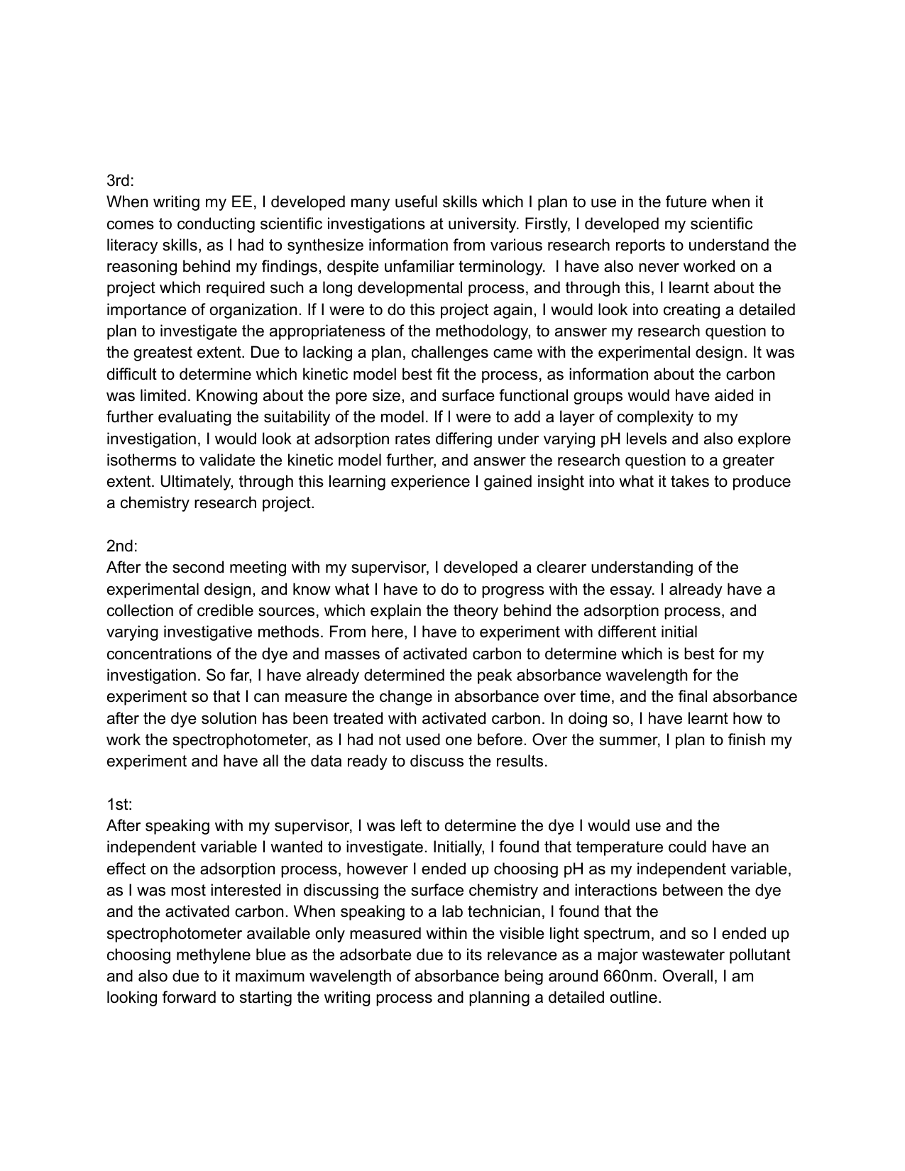 How does pH (3, 5, 7, 9, 11) affect the equilibrium adsorption capacity of 10 ppm methylene blue onto 0.5g of granular activated carbon, and which kinetic model, pseudo-first-order or pseudo-second-order, best describes this process? - Chemistry EE exemplar scored B